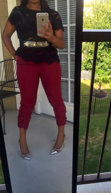 burgundy pants black lace top belt with spikes