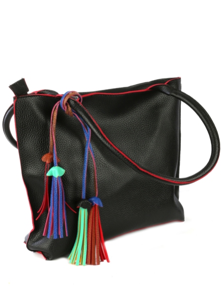 oversized leather handbag with colorful tassel