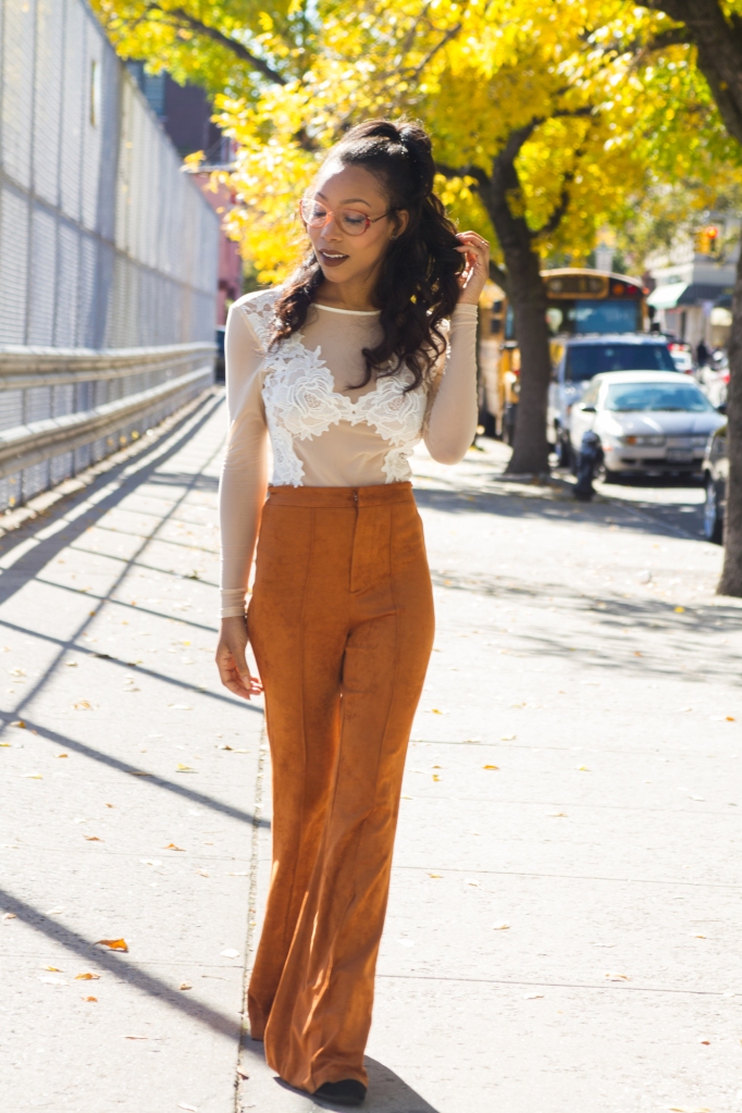 suede rust trousers with sheer bodysuit